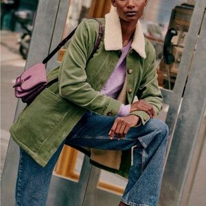 Sezane Green Corduroy Jacket with Cream Collar